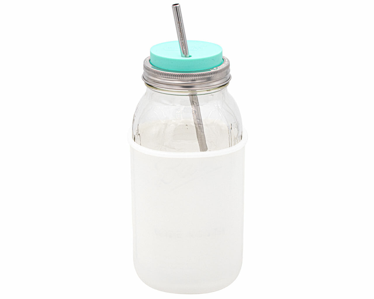 frost silicone sleeve for wide mouth half gallon 64oz mason jars with aquamarine silicone straw hole lid and long stainless steel straw