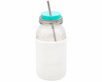 frost silicone sleeve for wide mouth half gallon 64oz mason jars with aquamarine silicone straw hole lid and long stainless steel straw