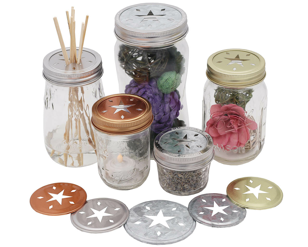 Galvanized Stainless Steel Copper or Gold Metal Star Cut-Out Lid Insert for Regular or Wide Mouth Mason Jars