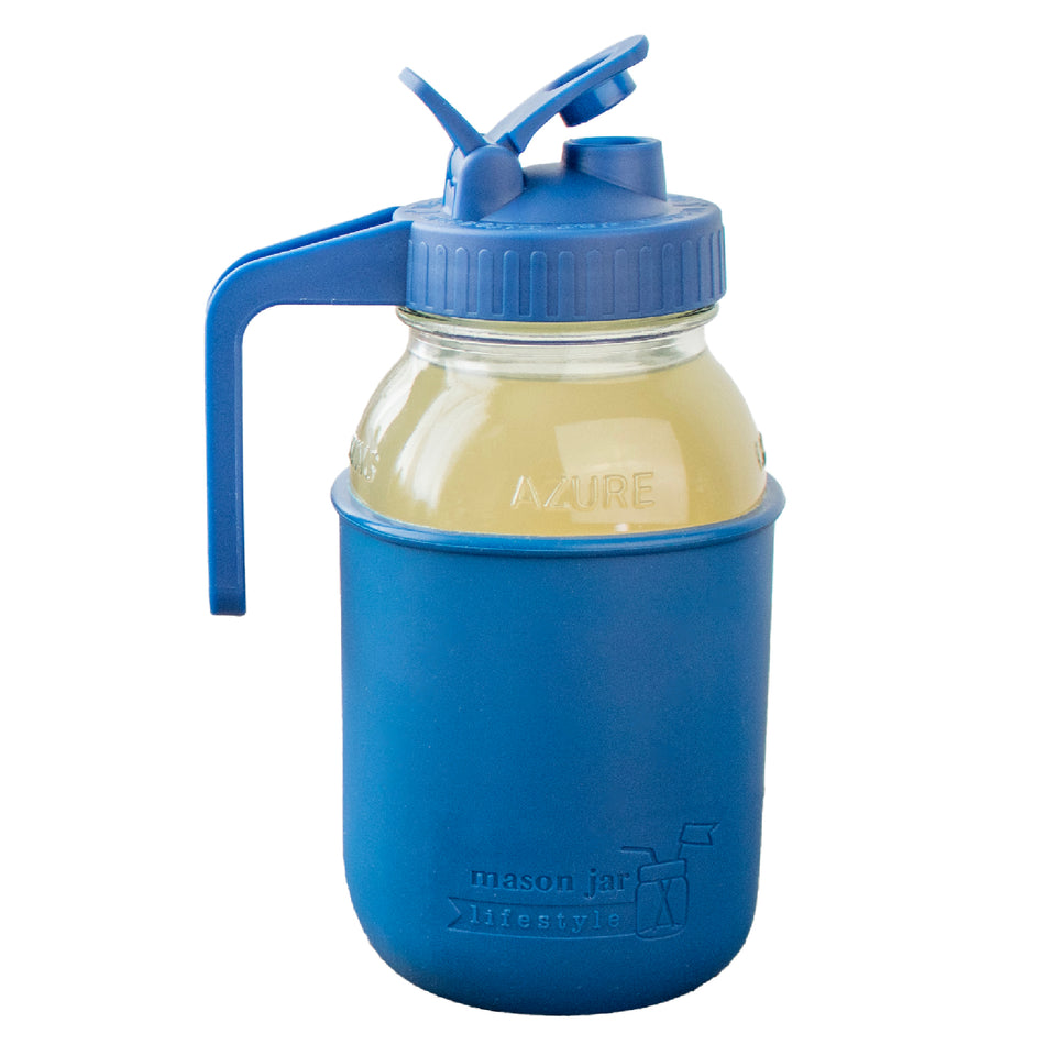 Glass pitcher set azure 32oz quart silicone sleeve deep blue regular mouth pour store deep blue product on white together