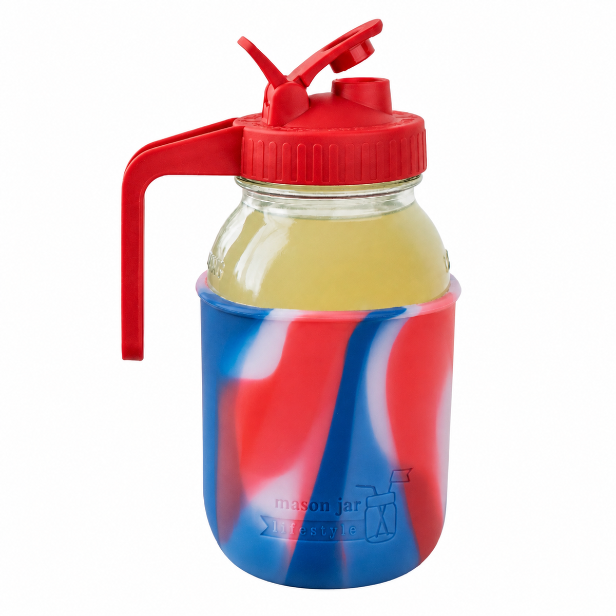 Glass pitcher set ball 32oz quart silicone sleeve american flag regular mouth pour store cherry red product on white together
