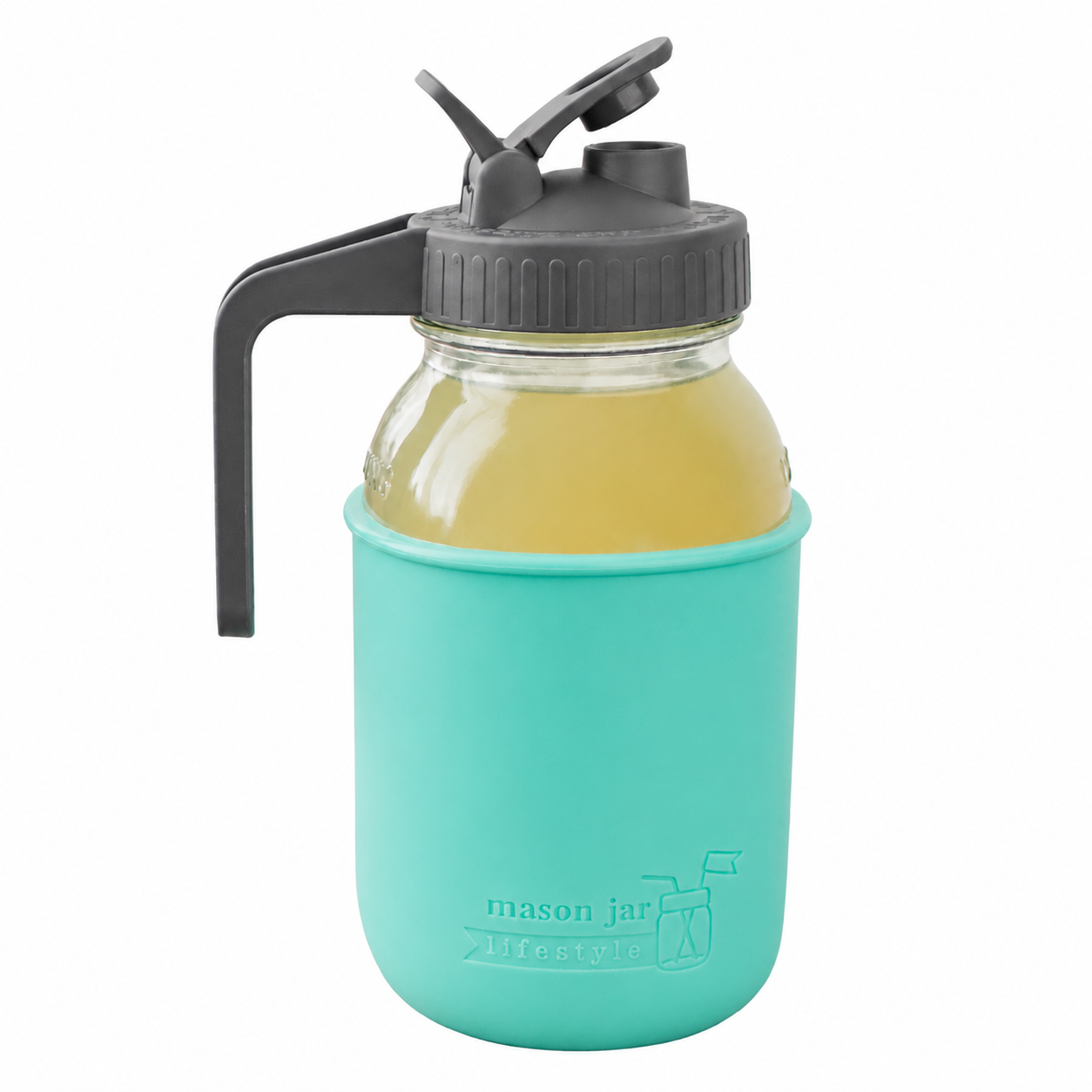 Glass pitcher set ball 32oz quart silicone sleeve aquamarine regular mouth pour store charcoal gray product on white together
