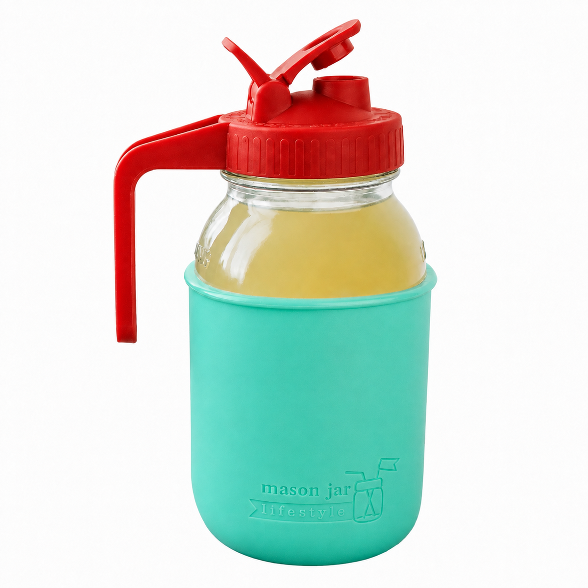 Glass pitcher set ball 32oz quart silicone sleeve aquamarine regular mouth pour store cherry red product on white together