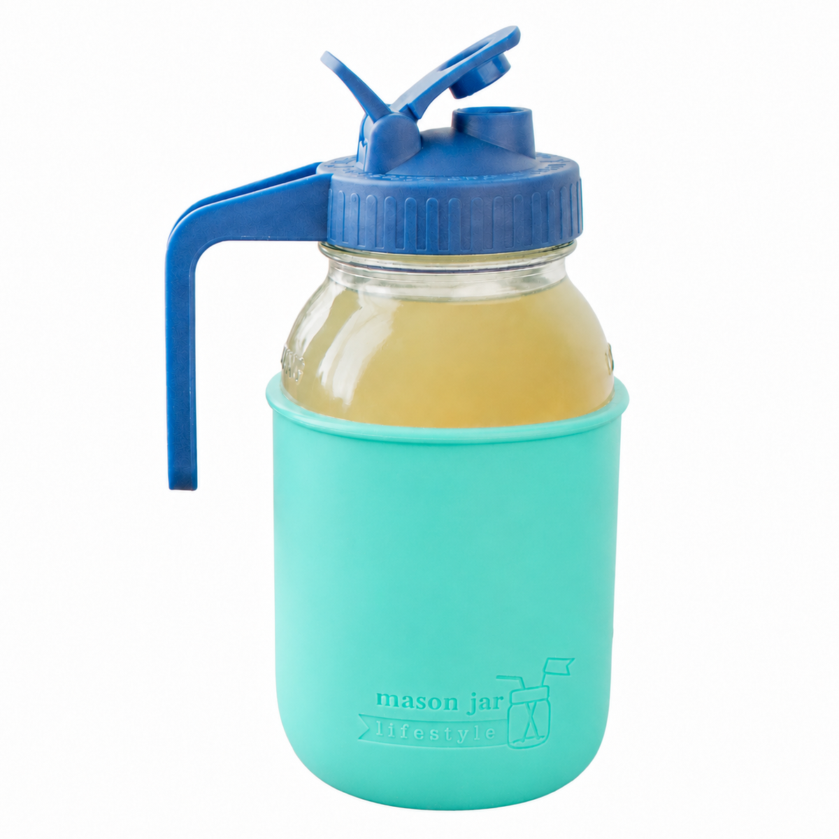 Glass pitcher set ball 32oz quart silicone sleeve aquamarine regular mouth pour store deep blue product on white together