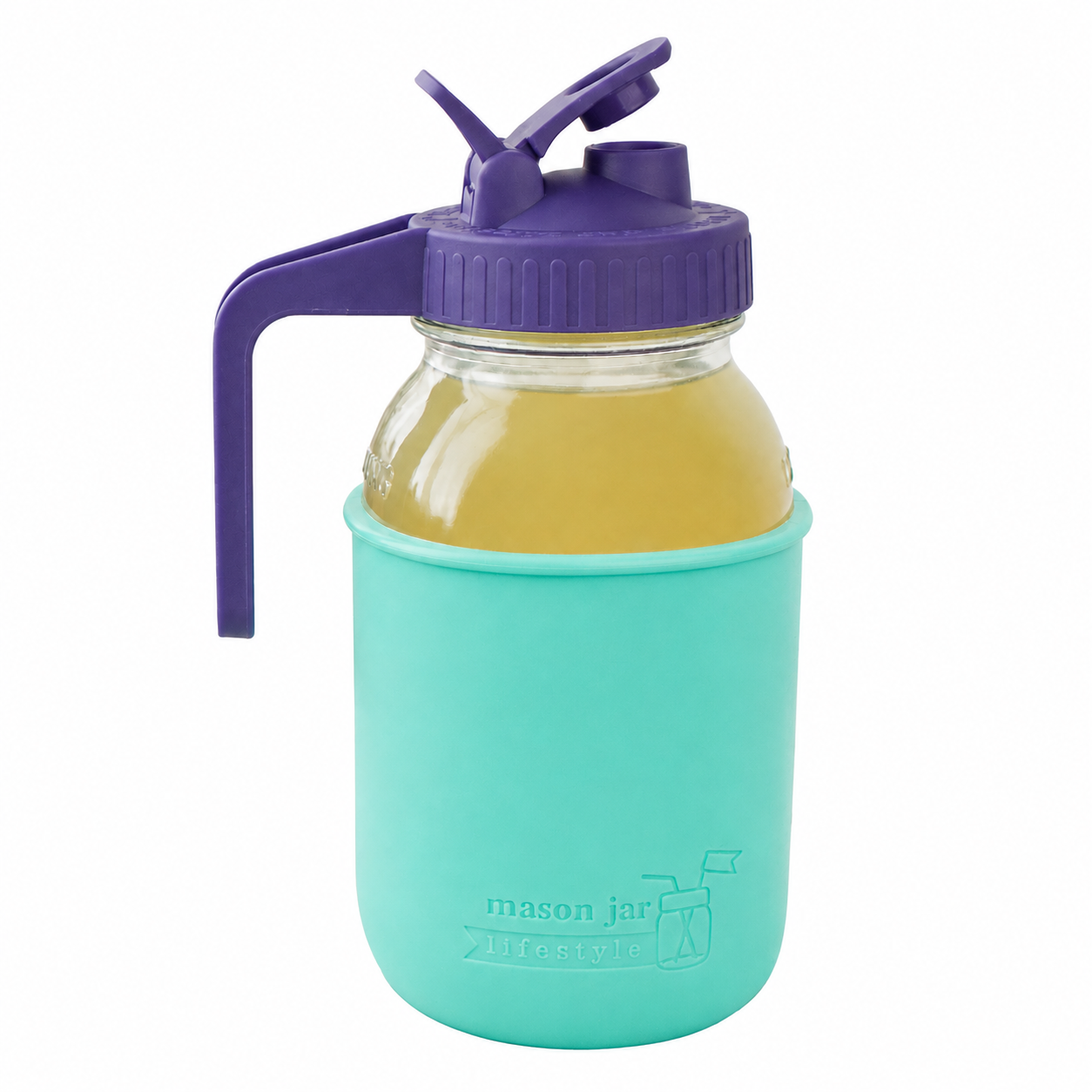 Glass pitcher set ball 32oz quart silicone sleeve aquamarine regular mouth pour store ultra violet product on white together