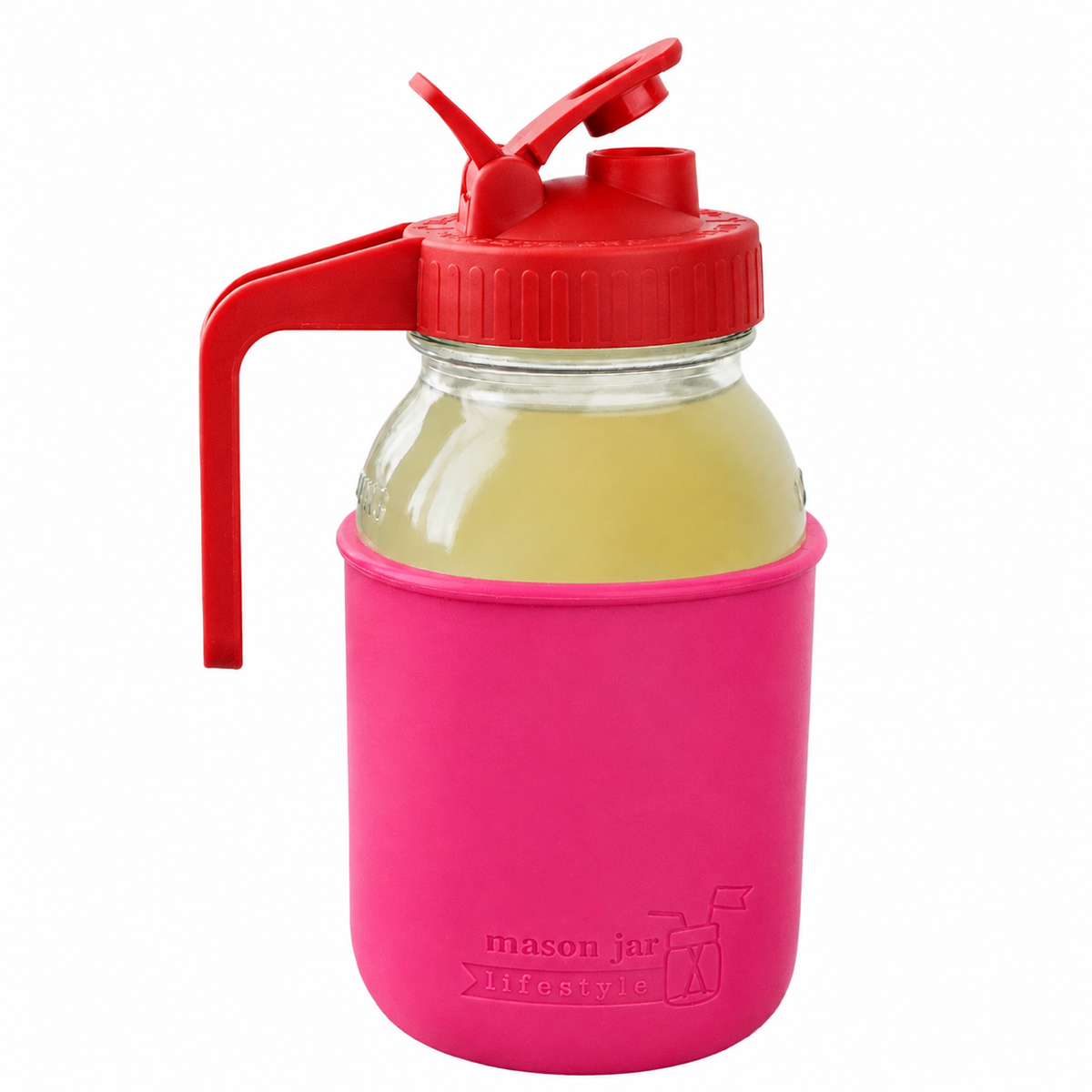 Glass pitcher set ball 32oz quart silicone sleeve berry pink regular mouth pour store cherry red product on white together