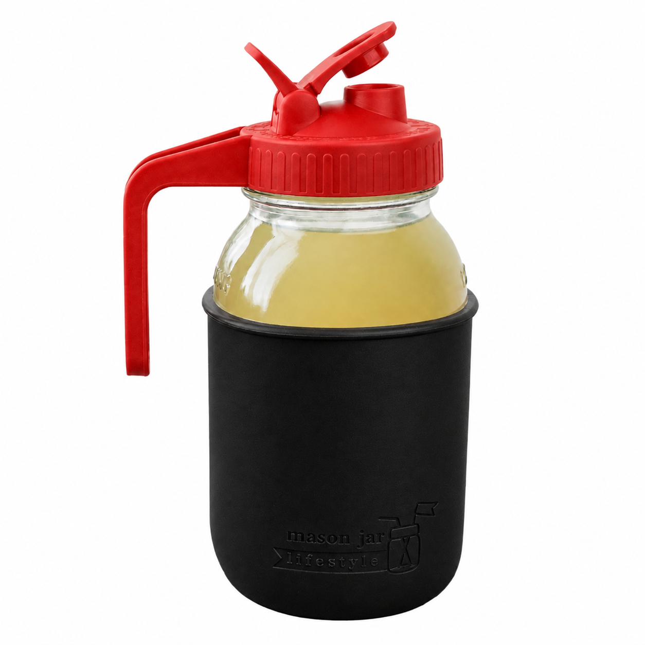 Glass pitcher set ball 32oz quart silicone sleeve black regular mouth pour store cherry red product on white together