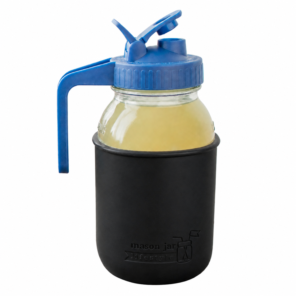 Glass pitcher set ball 32oz quart silicone sleeve black regular mouth pour store deep blue product on white together