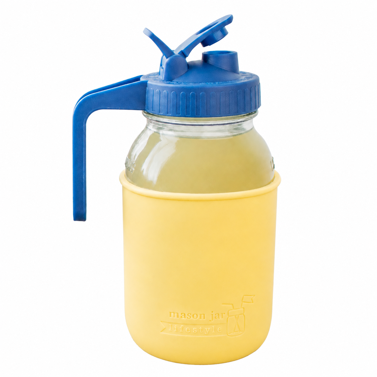 Glass pitcher set ball 32oz quart silicone sleeve butter yellow regular mouth pour store deep blue product on white together