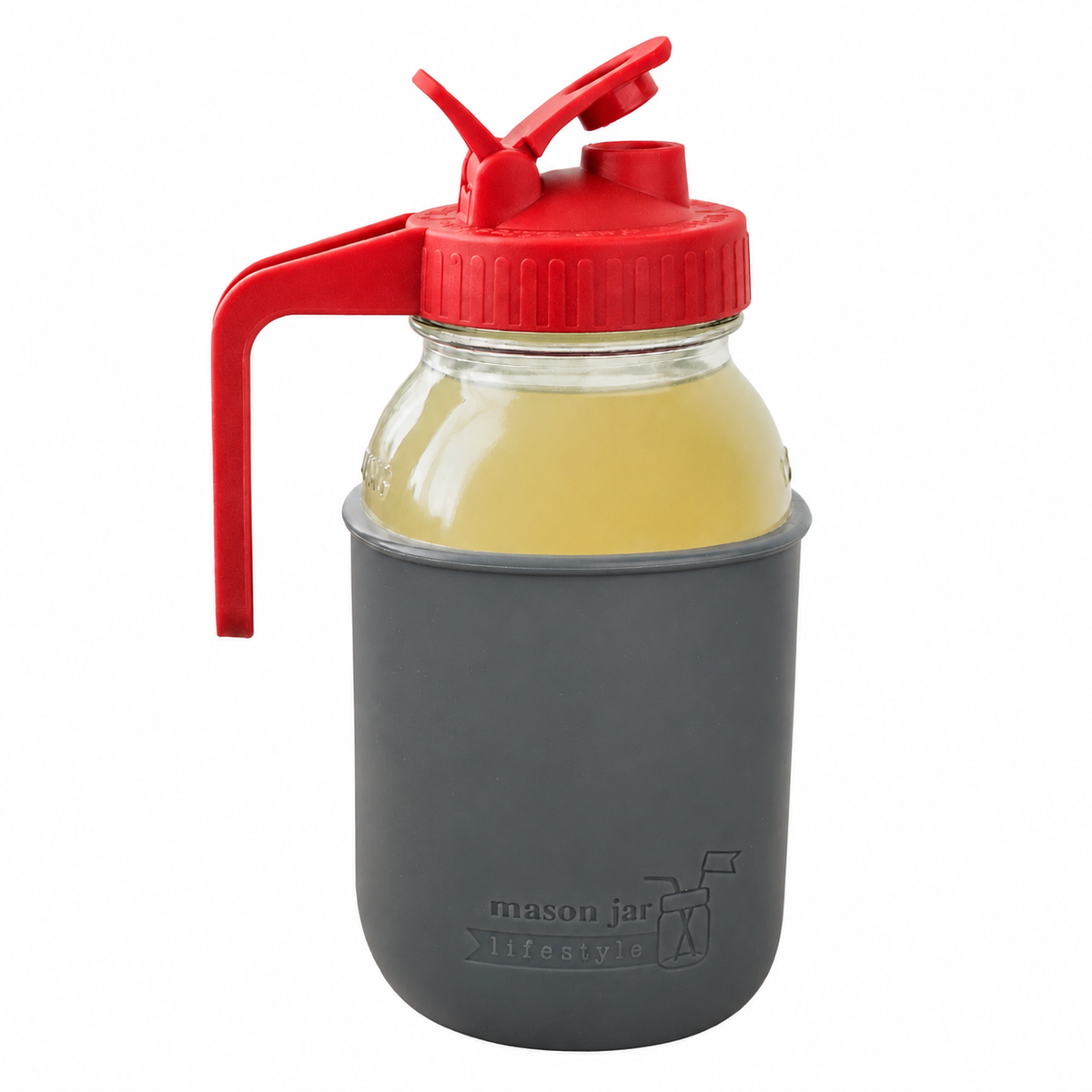 Glass pitcher set ball 32oz quart silicone sleeve charcoal gray regular mouth pour store cherry red product on white together