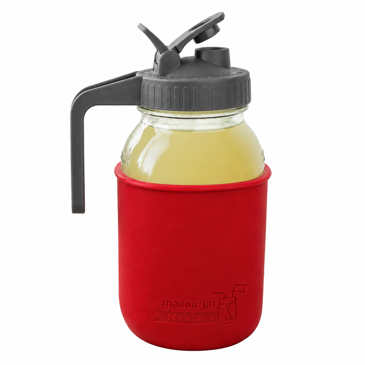 Glass pitcher set ball 32oz quart silicone sleeve cherry red regular mouth pour store charcoal gray product on white together