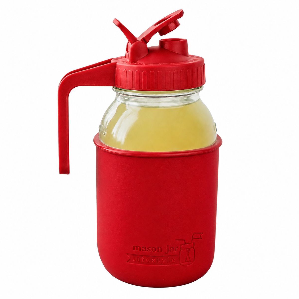 Glass pitcher set ball 32oz quart silicone sleeve cherry red regular mouth pour store cherry red product on white together