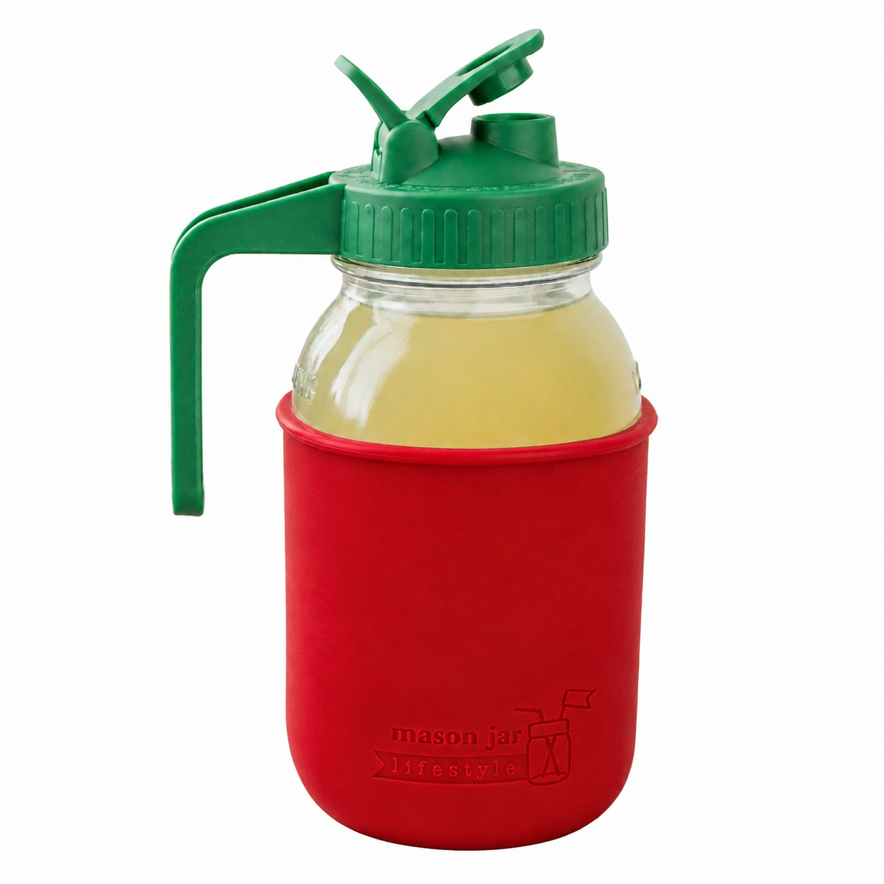Glass pitcher set ball 32oz quart silicone sleeve cherry red regular mouth pour store leaf green product on white together