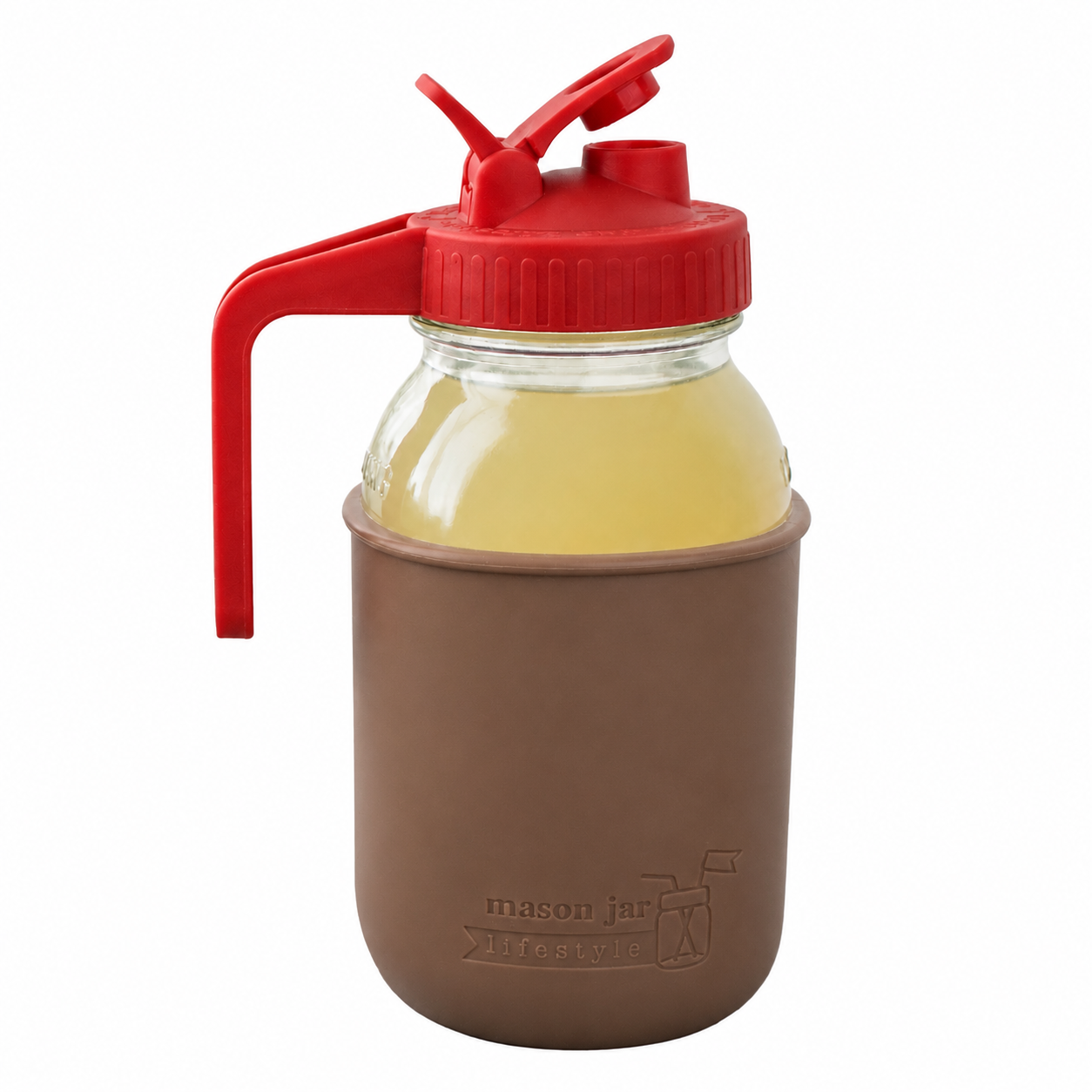Glass pitcher set ball 32oz quart silicone sleeve cocoa brown regular mouth pour store cherry red product on white together