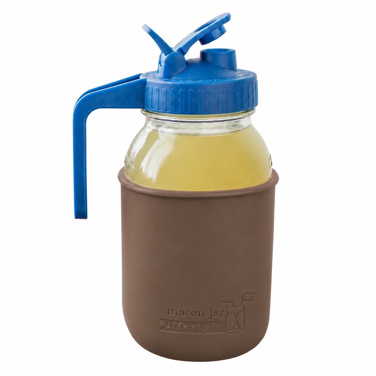 Glass pitcher set ball 32oz quart silicone sleeve cocoa brown regular mouth pour store deep blue product on white together