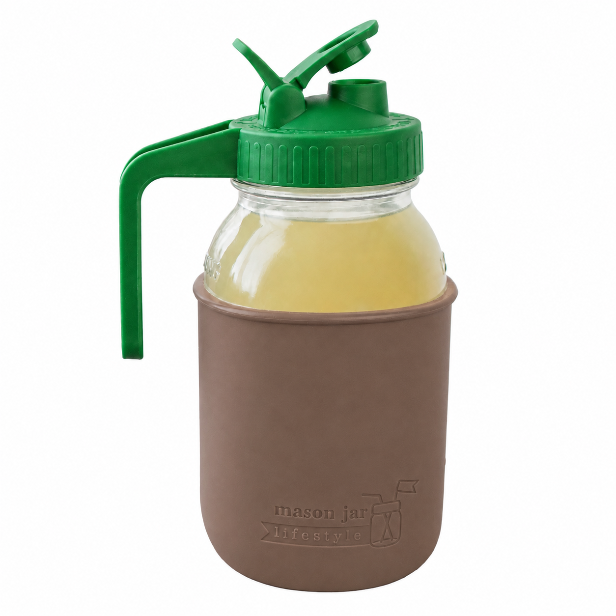 Glass pitcher set ball 32oz quart silicone sleeve cocoa brown regular mouth pour store leaf green product on white together