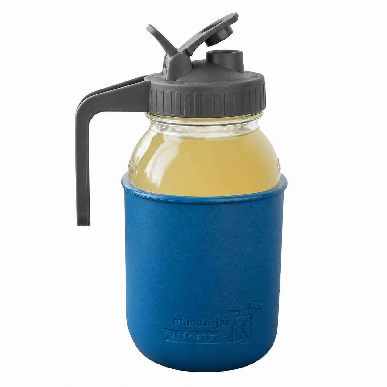 Glass pitcher set ball 32oz quart silicone sleeve deep blue regular mouth pour store charcoal gray product on white together