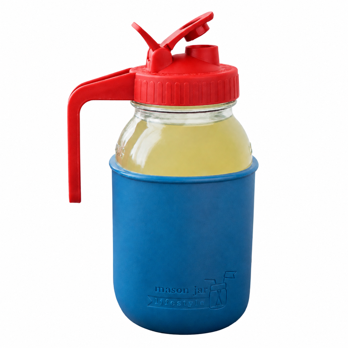 Glass pitcher set ball 32oz quart silicone sleeve deep blue regular mouth pour store cherry red product on white together