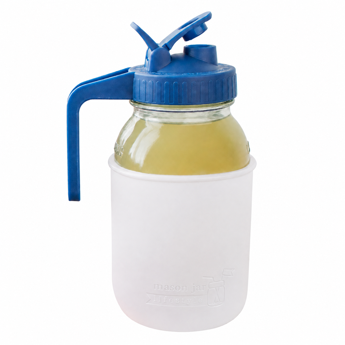 Glass pitcher set ball 32oz quart silicone sleeve frost regular mouth pour store deep blue product on white together