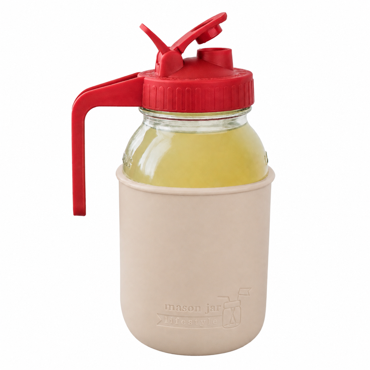 Glass pitcher set ball 32oz quart silicone sleeve greige regular mouth pour store cherry red product on white together