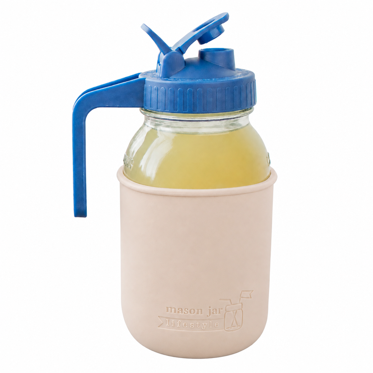 Glass pitcher set ball 32oz quart silicone sleeve greige regular mouth pour store deep blue product on white together