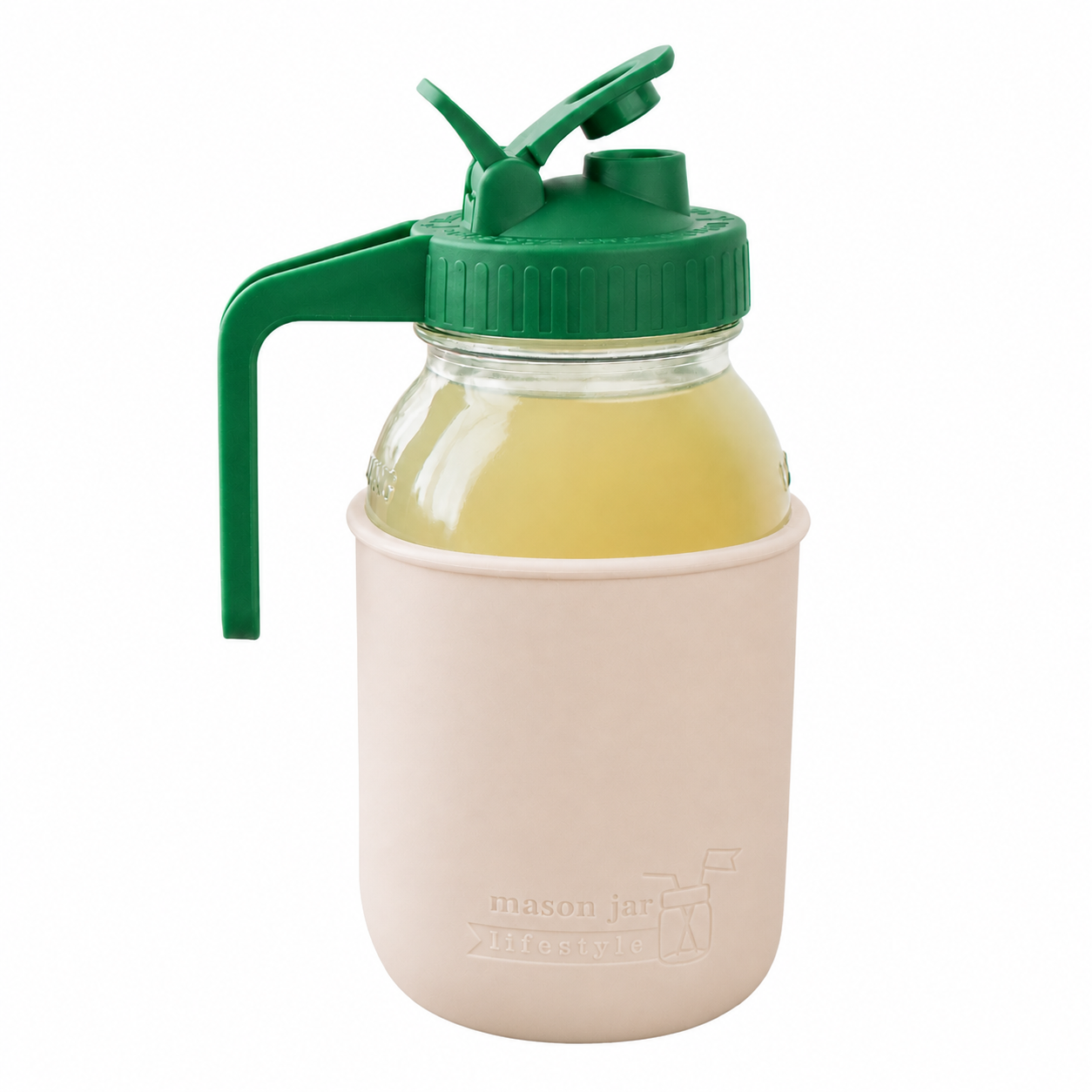 Glass pitcher set ball 32oz quart silicone sleeve greige regular mouth pour store leaf green product on white together