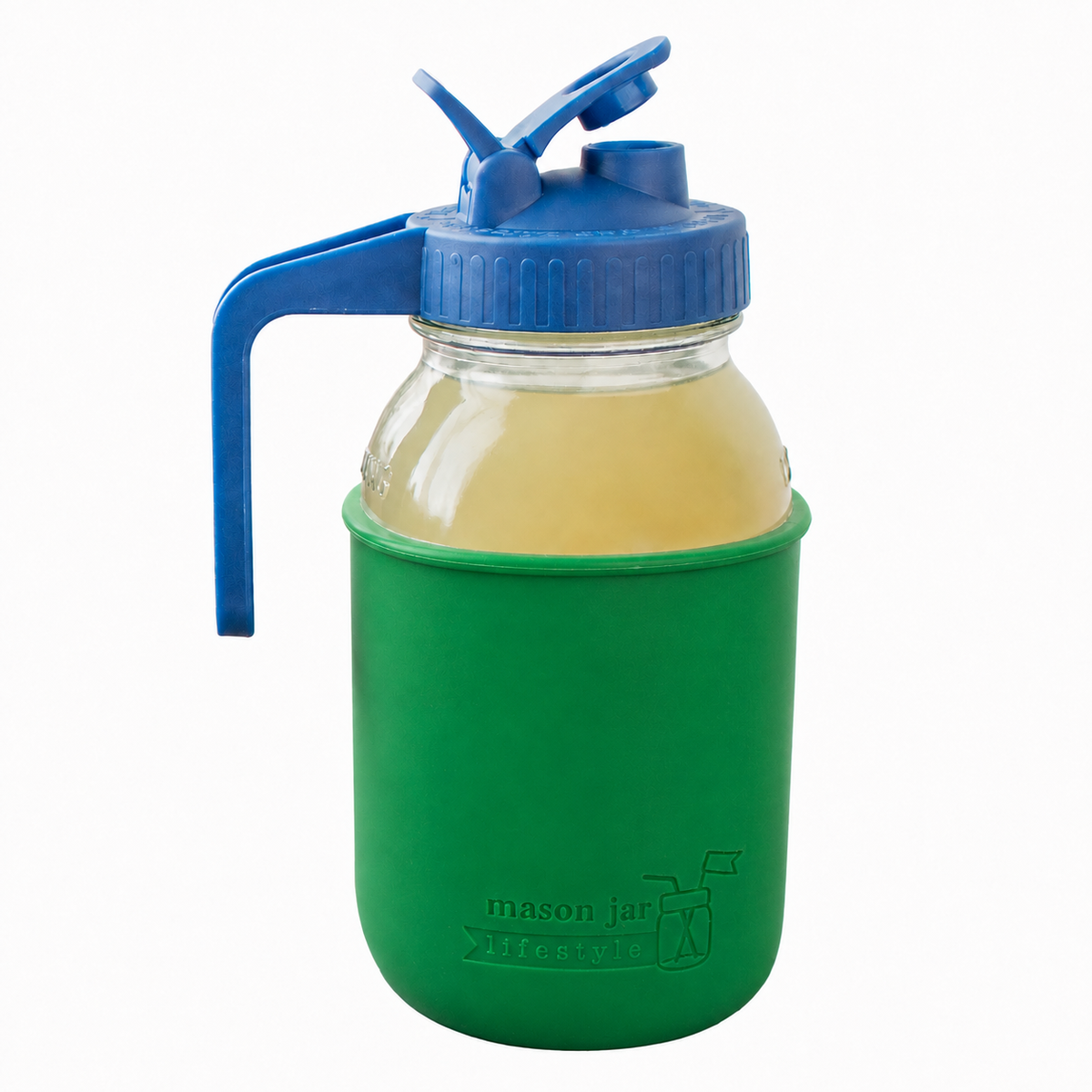 Glass pitcher set ball 32oz quart silicone sleeve leaf green regular mouth pour store deep blue product on white together