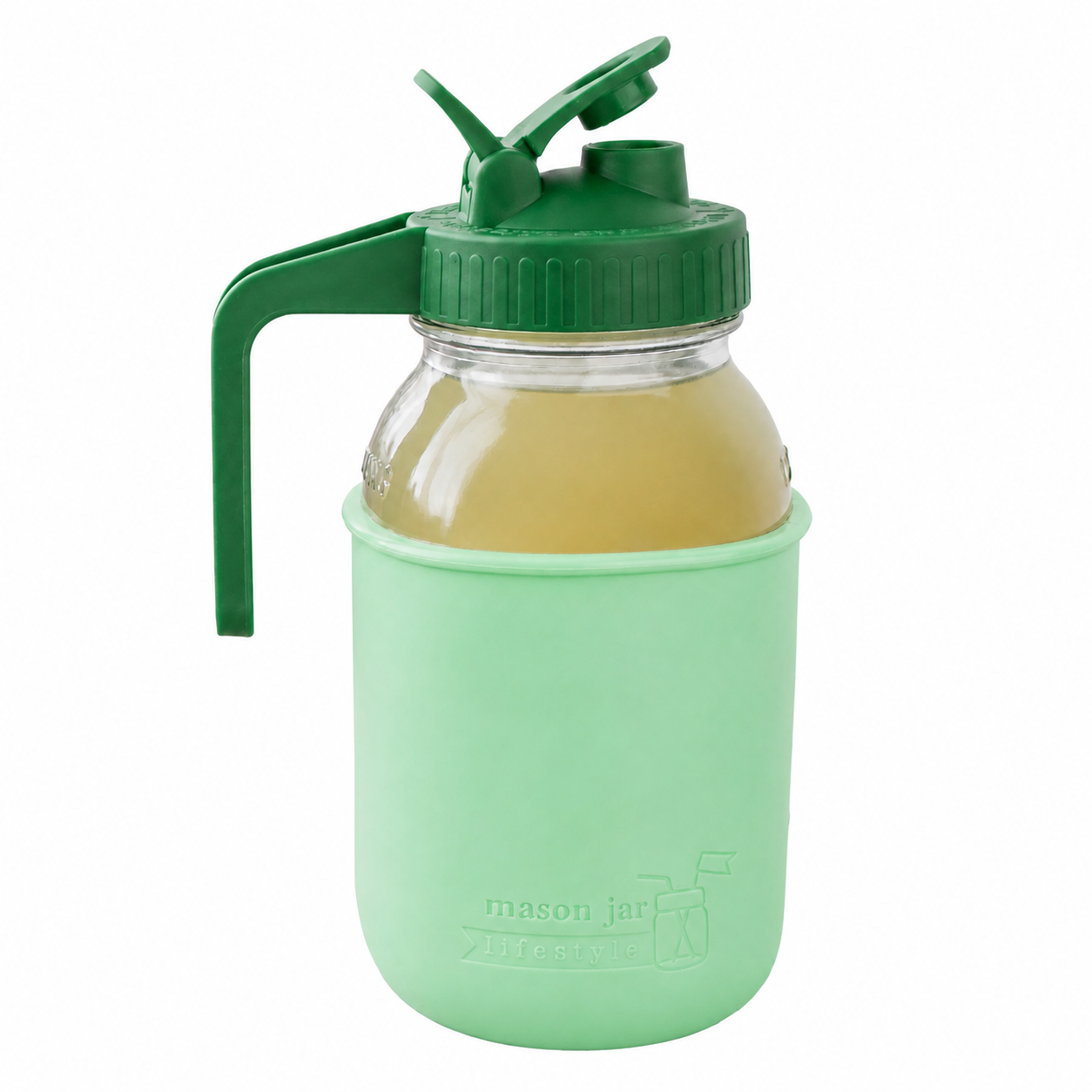 Glass pitcher set ball 32oz quart silicone sleeve mint green regular mouth pour store leaf green product on white together