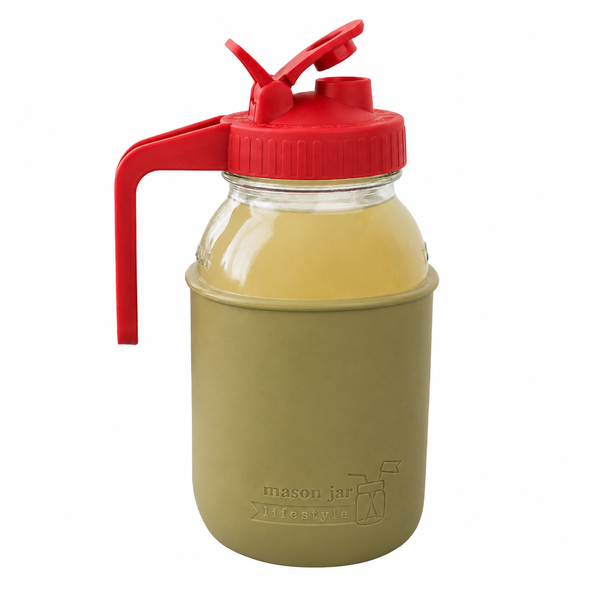Glass pitcher set ball 32oz quart silicone sleeve olive green regular mouth pour store cherry red product on white together