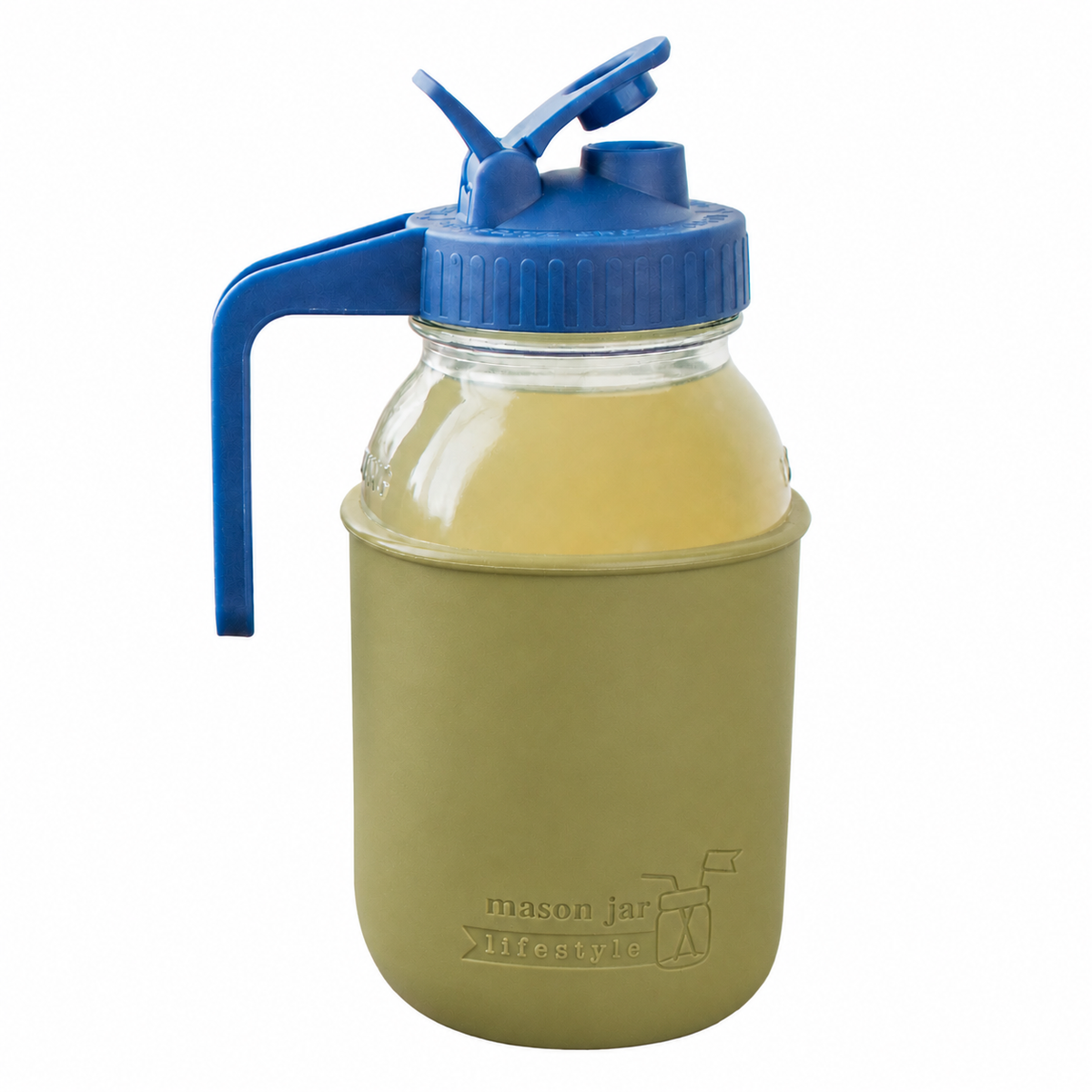 Glass pitcher set ball 32oz quart silicone sleeve olive green regular mouth pour store deep blue product on white together