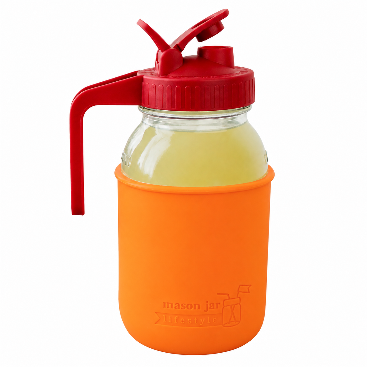 Glass pitcher set ball 32oz quart silicone sleeve tangerine regular mouth pour store cherry red product on white together