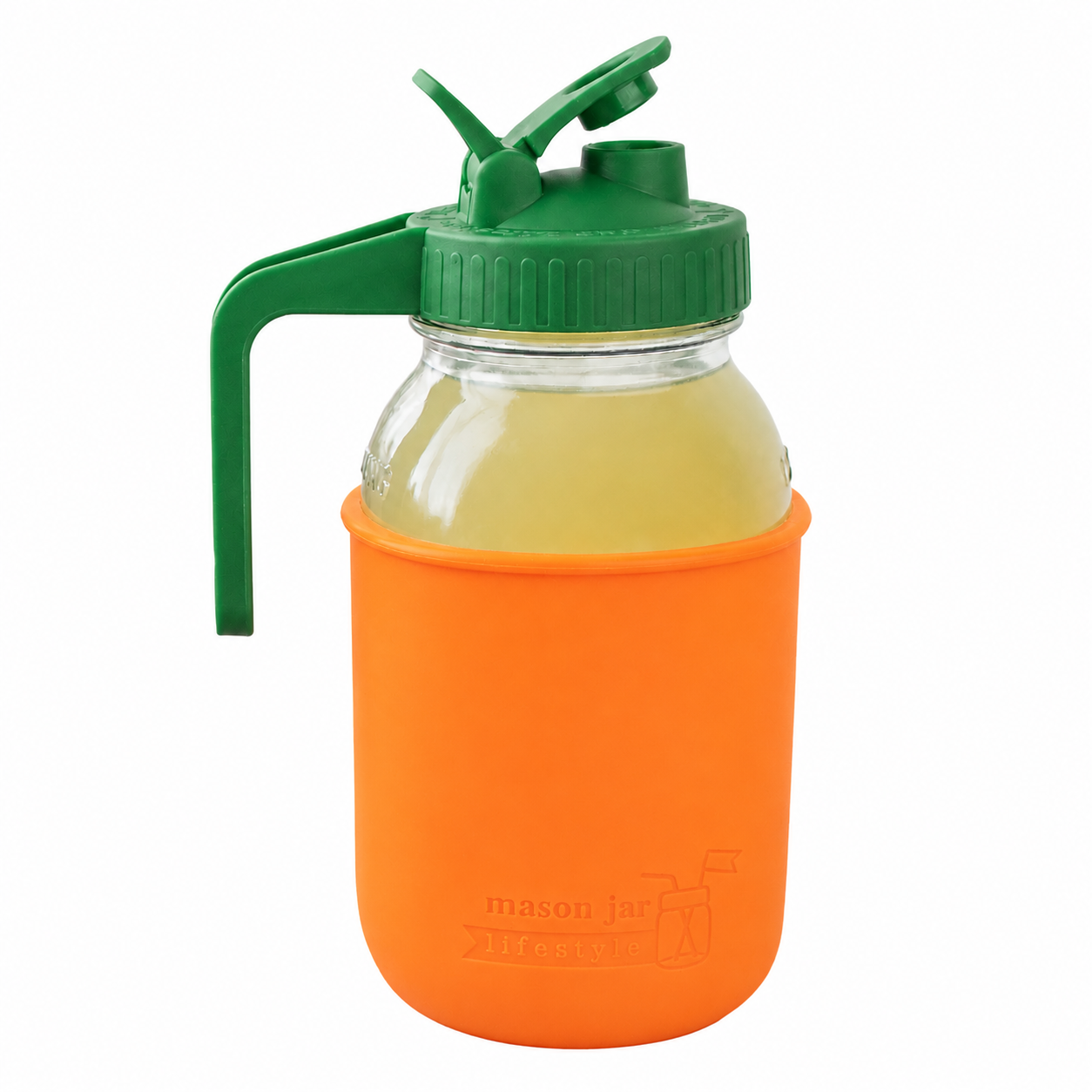 Glass pitcher set ball 32oz quart silicone sleeve tangerine regular mouth pour store leaf green product on white together