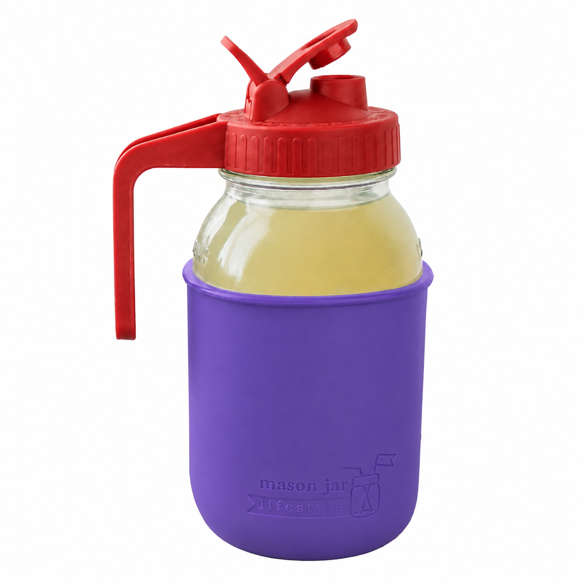 Glass pitcher set ball 32oz quart silicone sleeve ultra violet regular mouth pour store cherry red product on white together