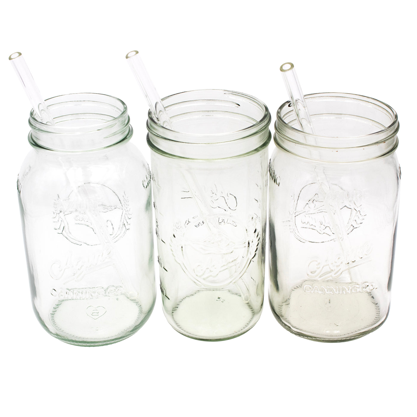 3 Mason jars; a regular mouth 32oz, a wide mouth 32oz, and a wide mouth 24oz, all with a long glass straw in them.