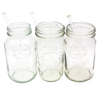 3 Mason jars; a regular mouth 32oz, a wide mouth 32oz, and a wide mouth 24oz, all with a long glass straw in them.