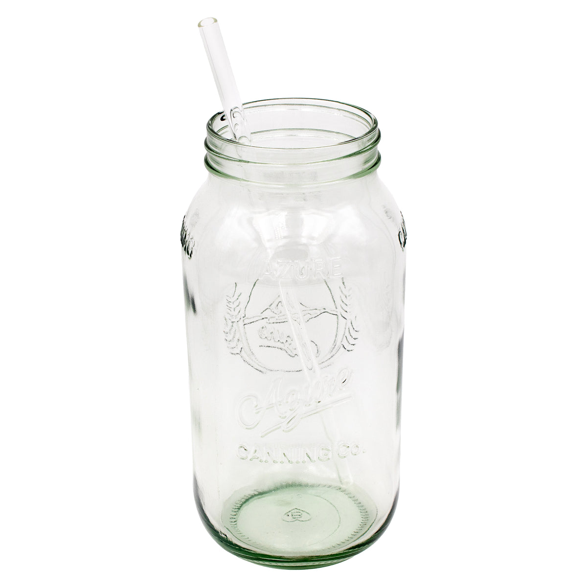 Extra-long clear glass straw in a half-gallon Azure Mason jar on a white background; jar sold separately.
