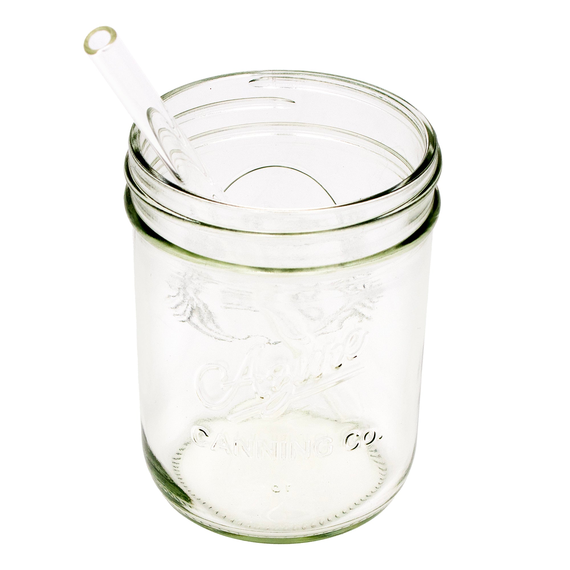 Medium glass straw in a wide mouth 16oz Mason jar.