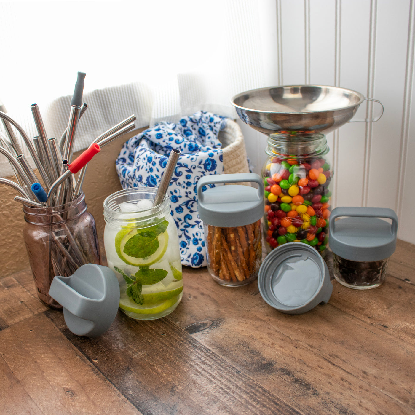 Gray Plastic Handle/Canister Lids for Regular Mouth Mason Jars 4 Pack