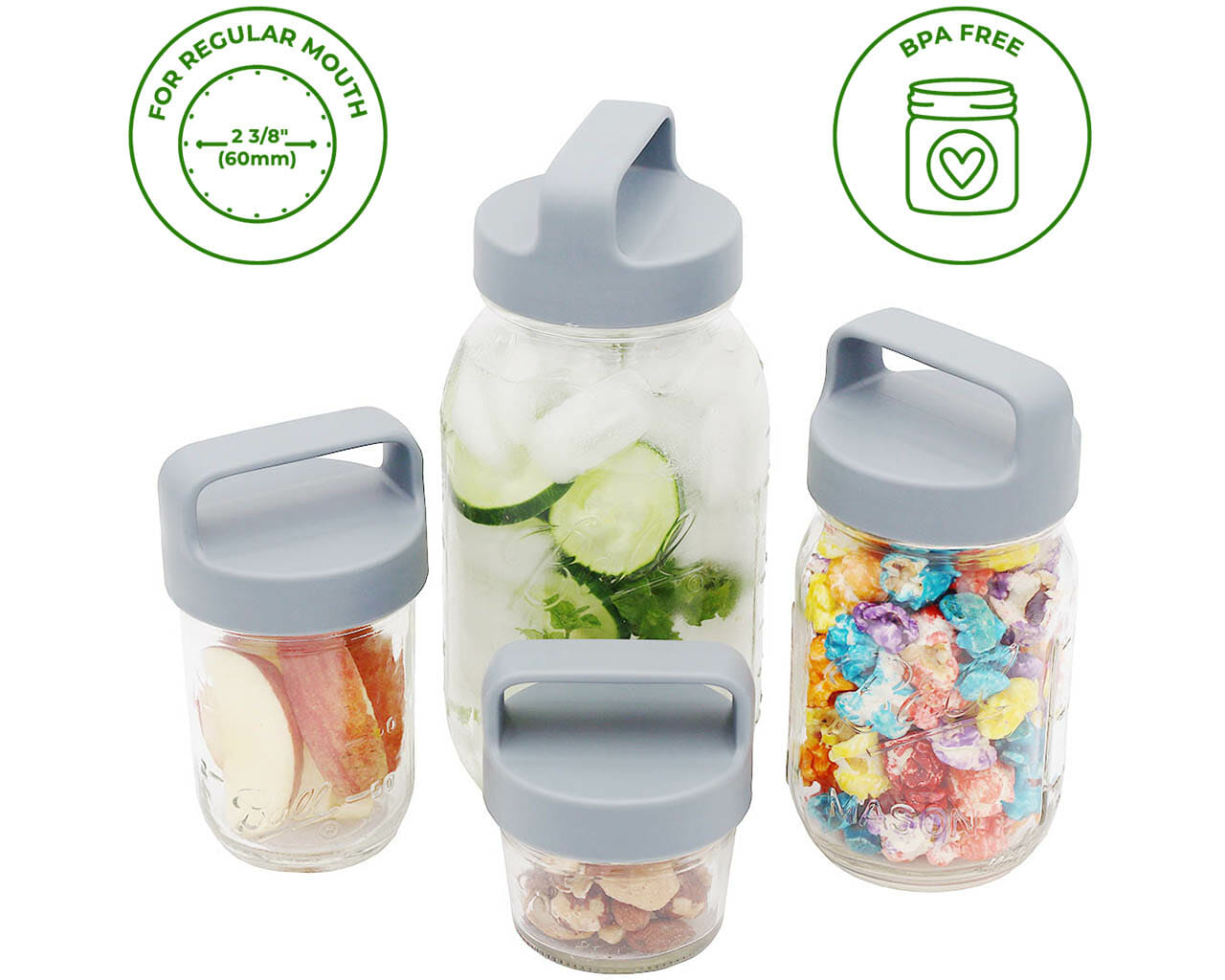 Gray Plastic Handle/Canister Lids for Regular Mouth Mason Jars 4 Pack