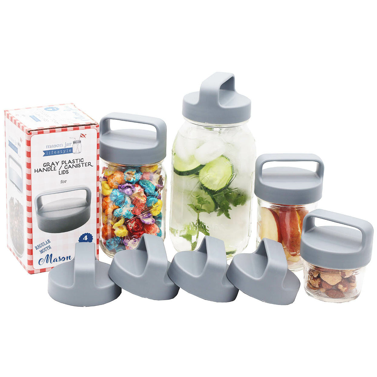 Gray Plastic Handle/Canister Lids for Regular Mouth Mason Jars 4 Pack