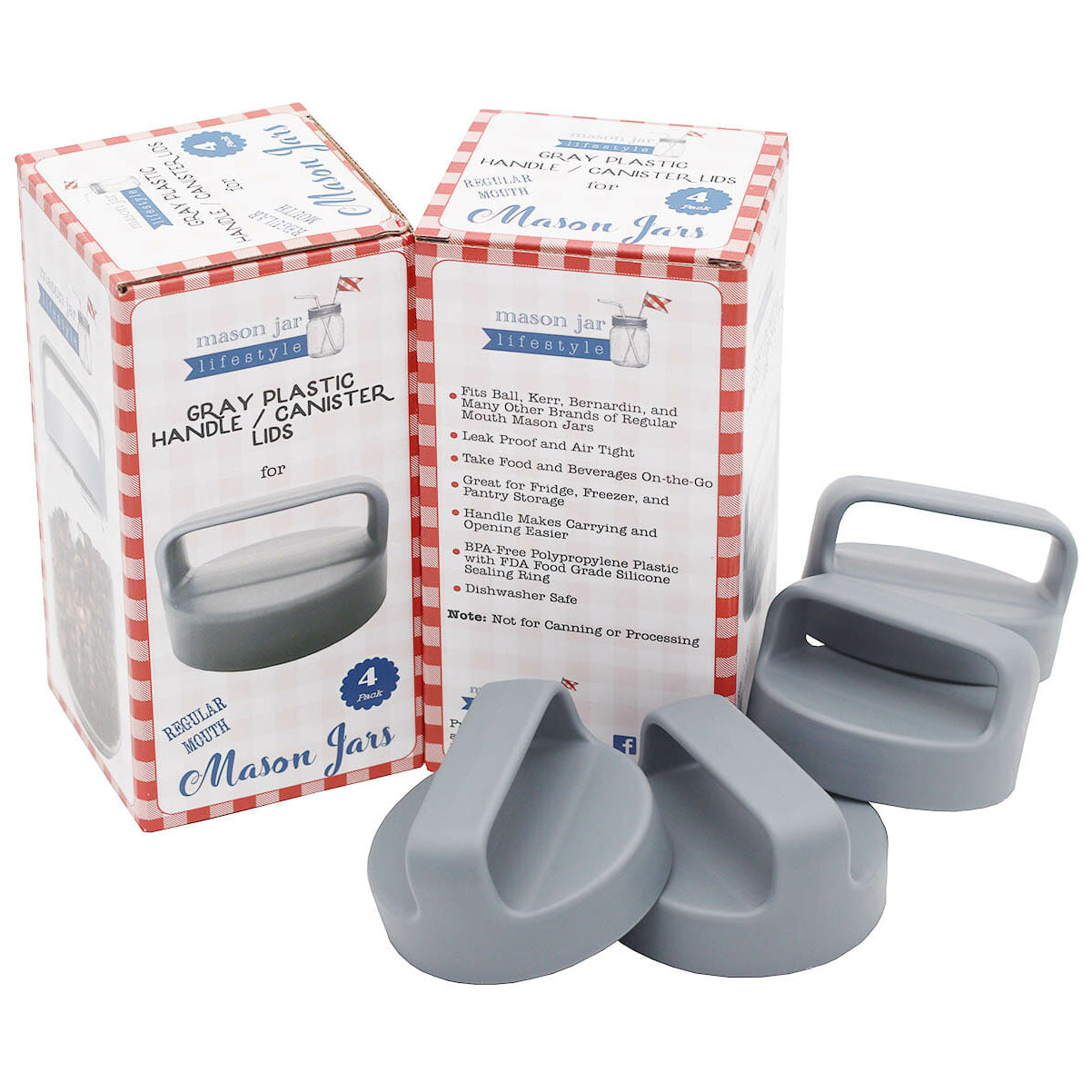 Gray Plastic Handle/Canister Lids for Regular Mouth Mason Jars 4 Pack