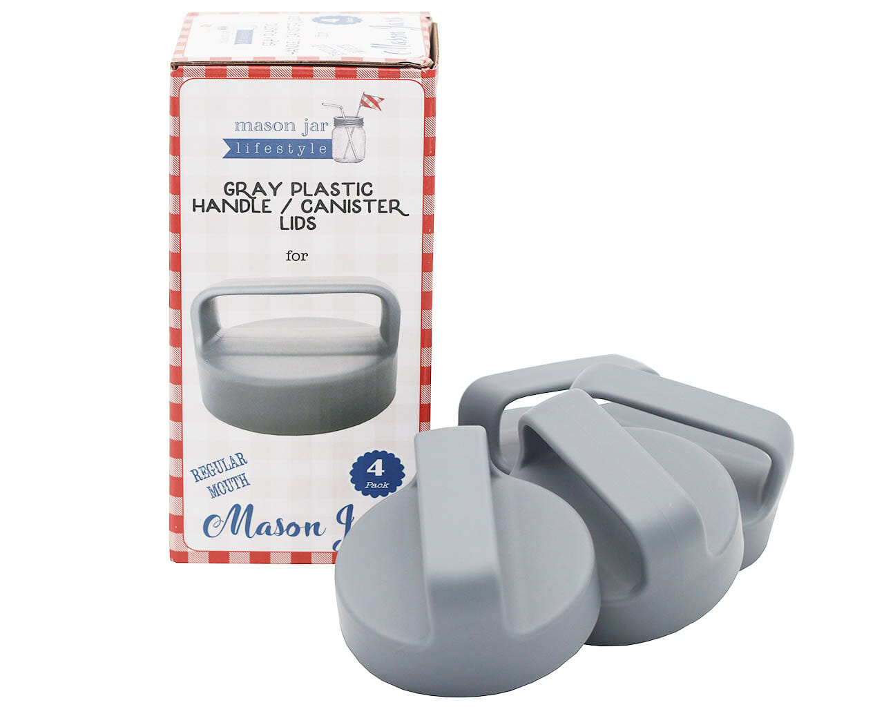 Gray Plastic Handle/Canister Lids for Regular Mouth Mason Jars 4 Pack