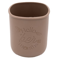The "Hello Ber Months" design on a cocoa brown quart sleeve.