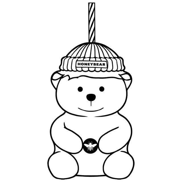 HoneyBear Bearista engraving artwork showing a bear in a knit hat with a striped straw
