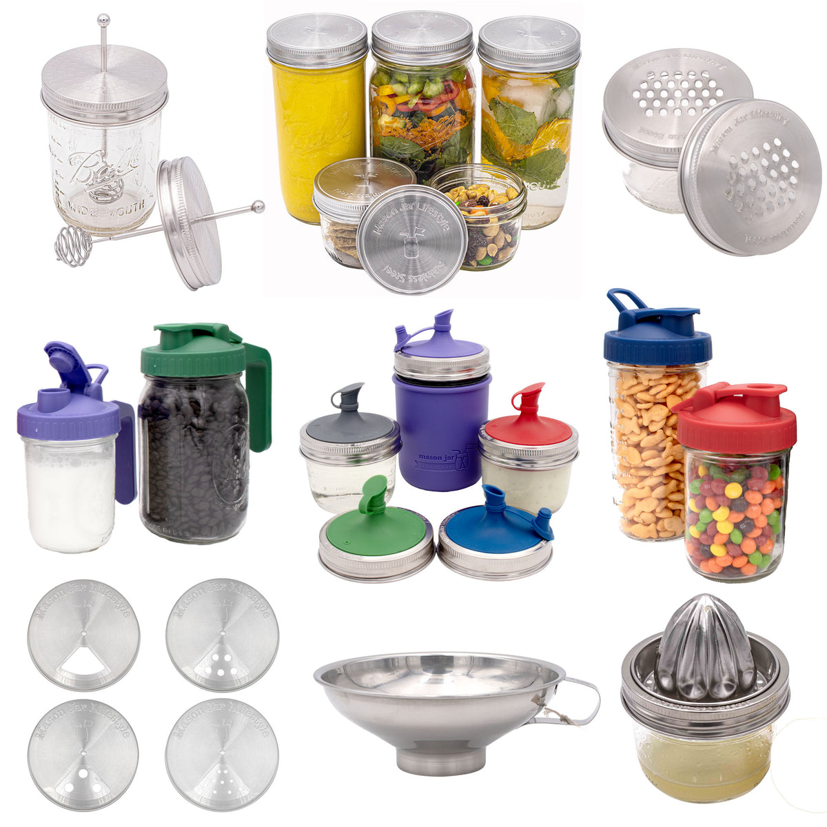 Kitchen Essentials Bundle for wide mouth Mason jars; lid colors selected separately and jars sold separately