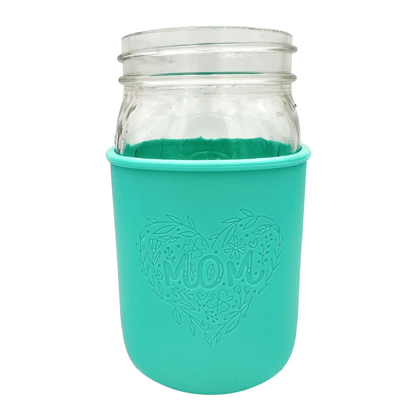 The "Mom's Flowers" design engraved into a aquamarine quart Mason jar sleeve.