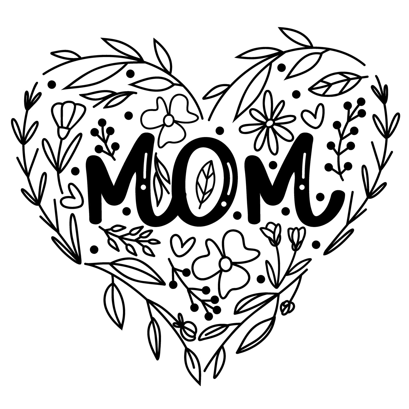 A black and white graphic for laser engraving. A thin line art style: heart with flowers, leaves, and dots, with the word Mom in the middle.