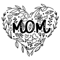 A black and white graphic for laser engraving. A thin line art style: heart with flowers, leaves, and dots, with the word Mom in the middle.