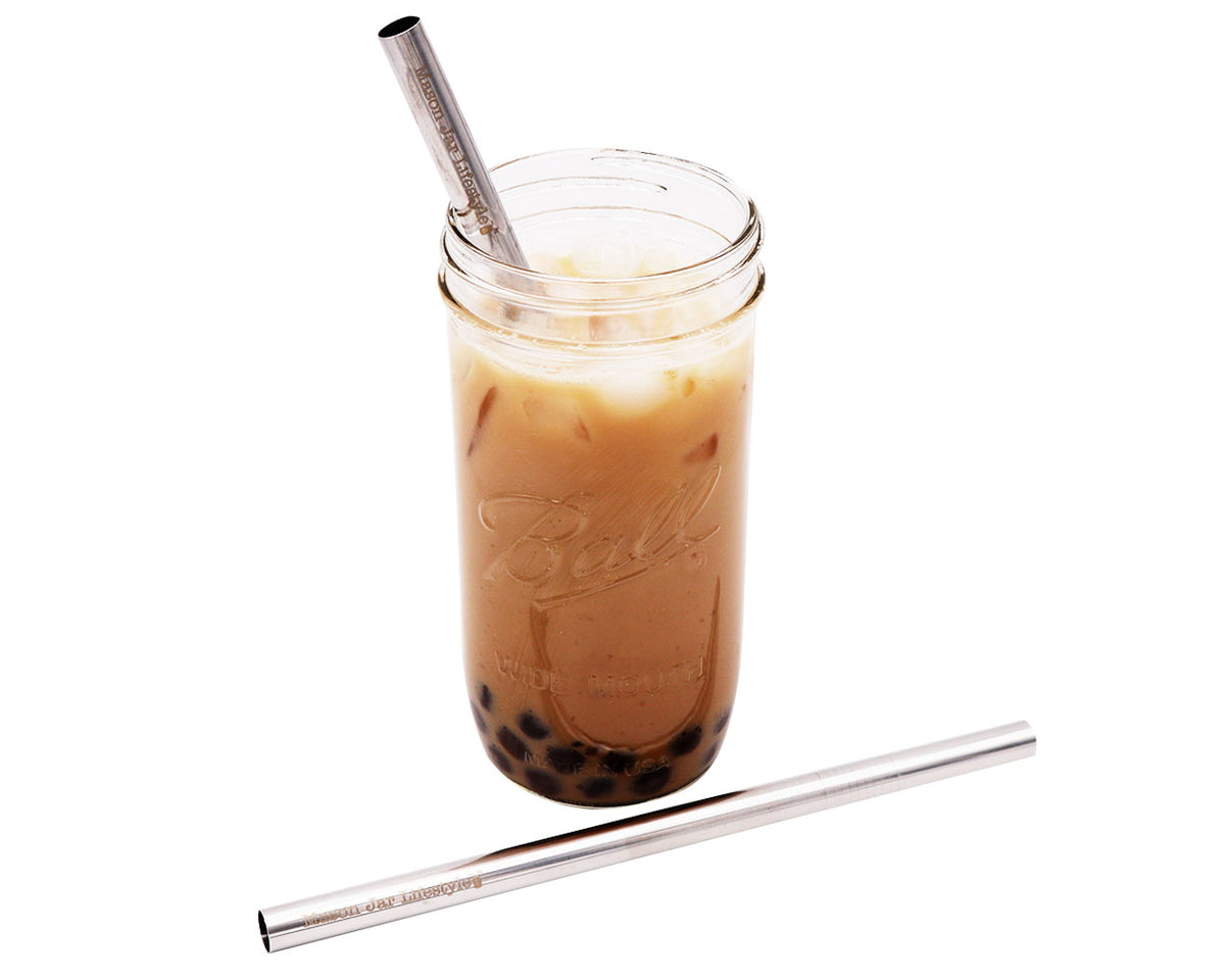 Long 12mm stainless steel boba straw milk bubble tea tapioca pearls 24oz product on white 2