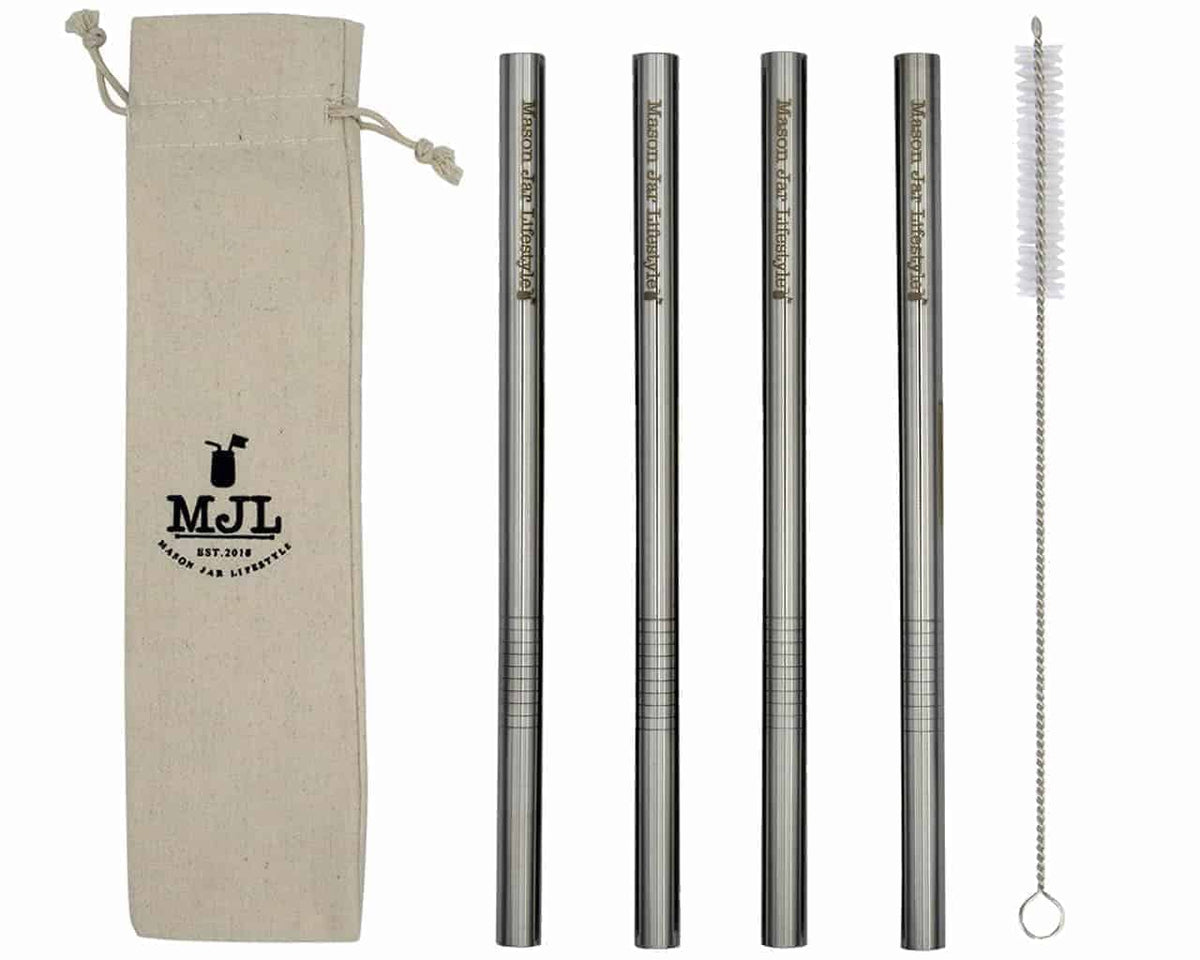 Four Long stainless steel Boba straws with a reusable cleaning brush and an MJL cloth carry bag.